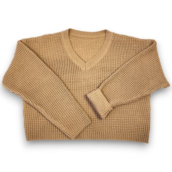 None Sweaters - Waffle Knit Sweater- X-SMALL-Women's- KHAKI- Cropped Pullover Long Sleeve NWOT